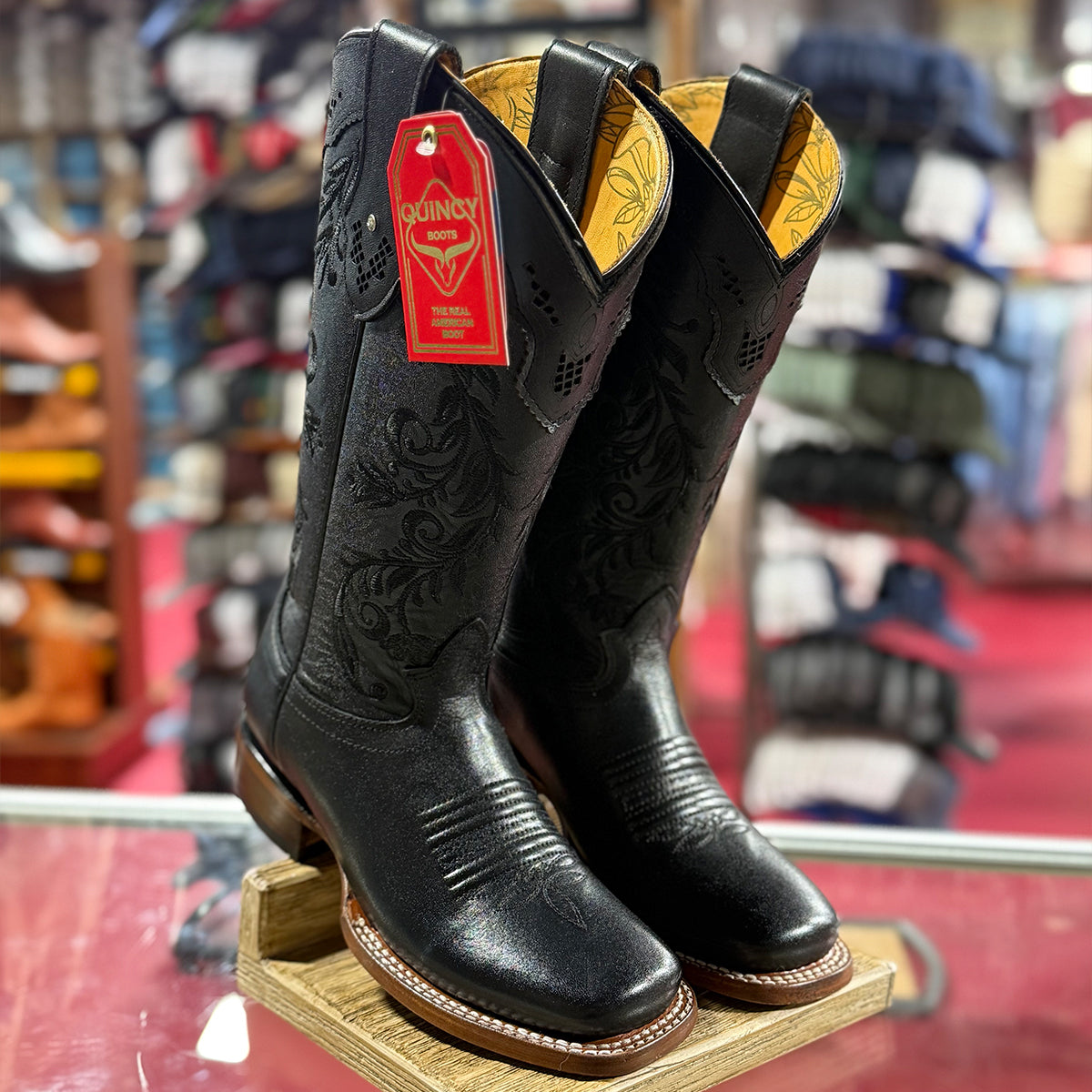 Quincy Black Floral Embroidered Cowgirl Boots with Square Toe