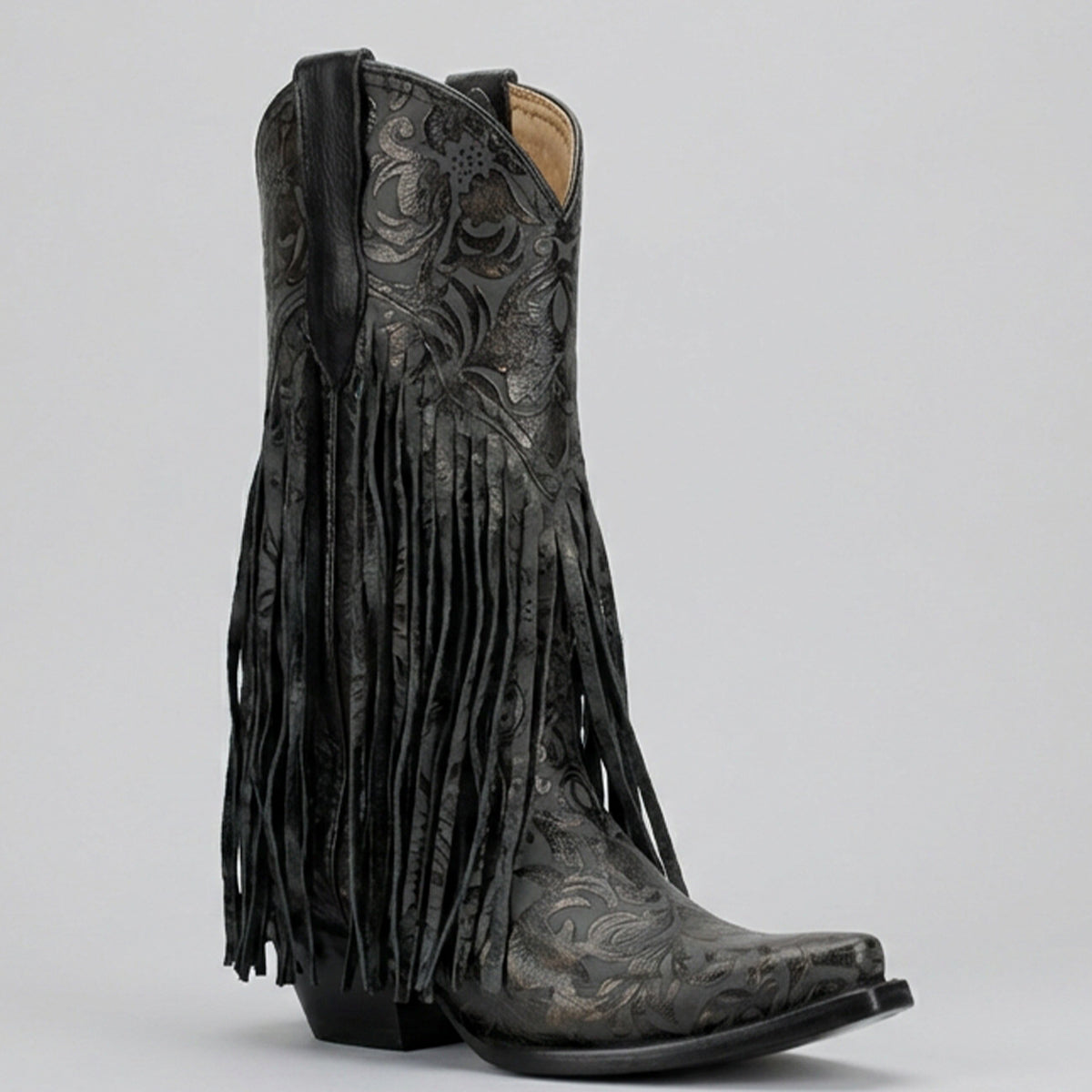 Women's Ash-Black Fringe Cowgirl Boots with Snip Toe
