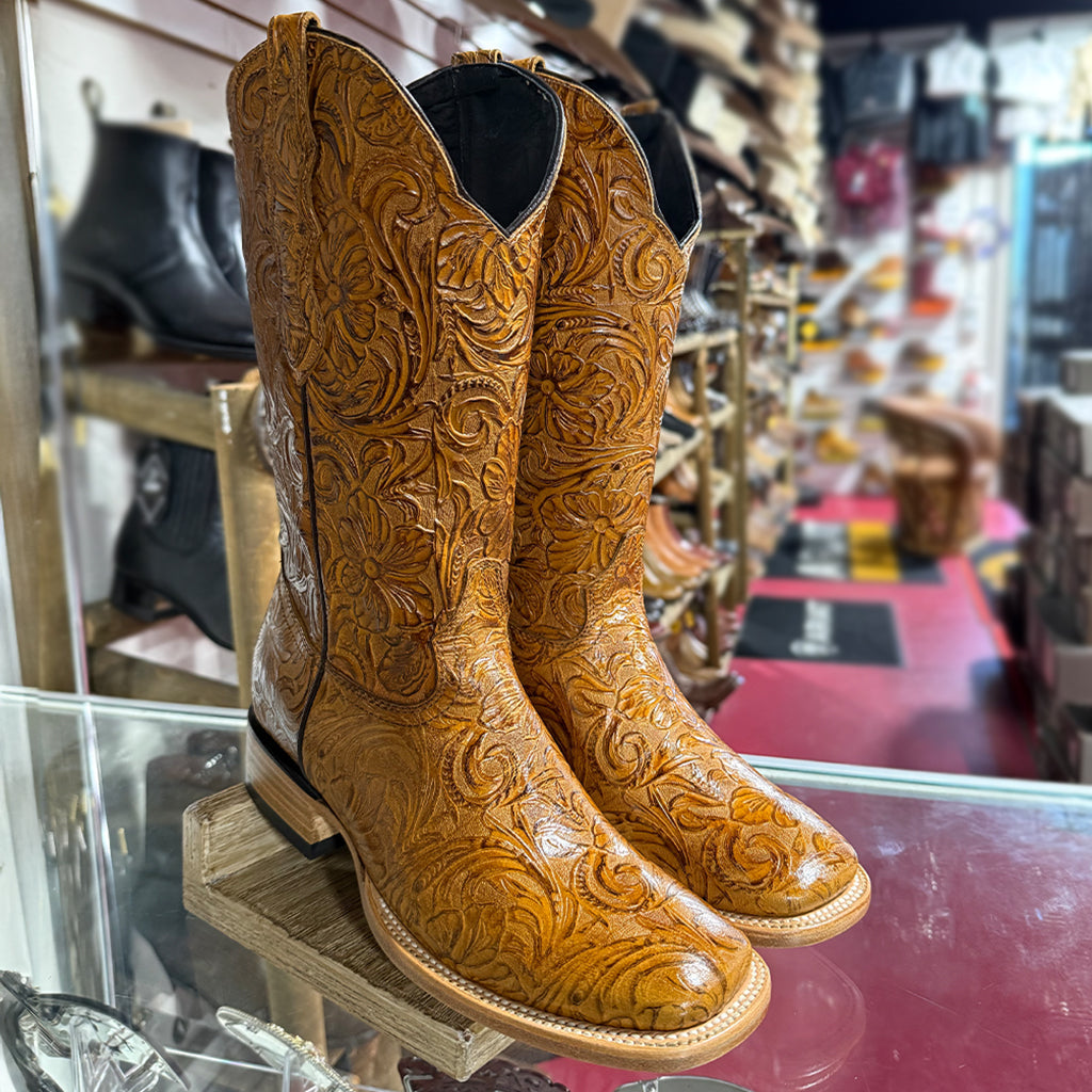 Women's Tan Floral Tooled Square-Toe Western Cowgirl Boots