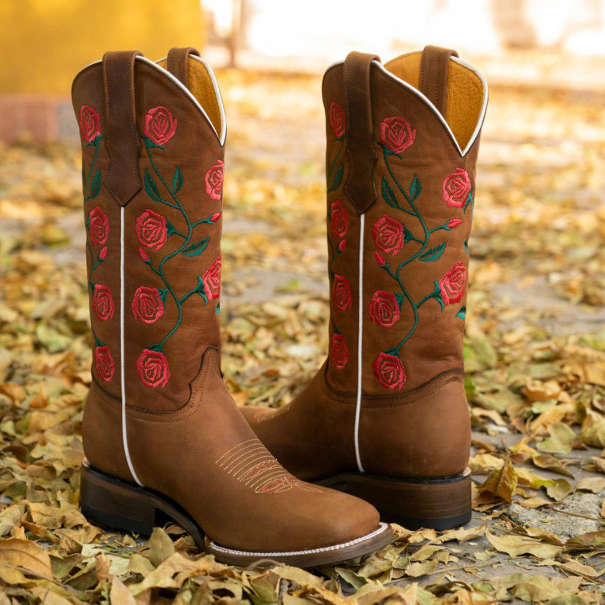 Rose Cowgirl Boots with Stylish Square Toe
