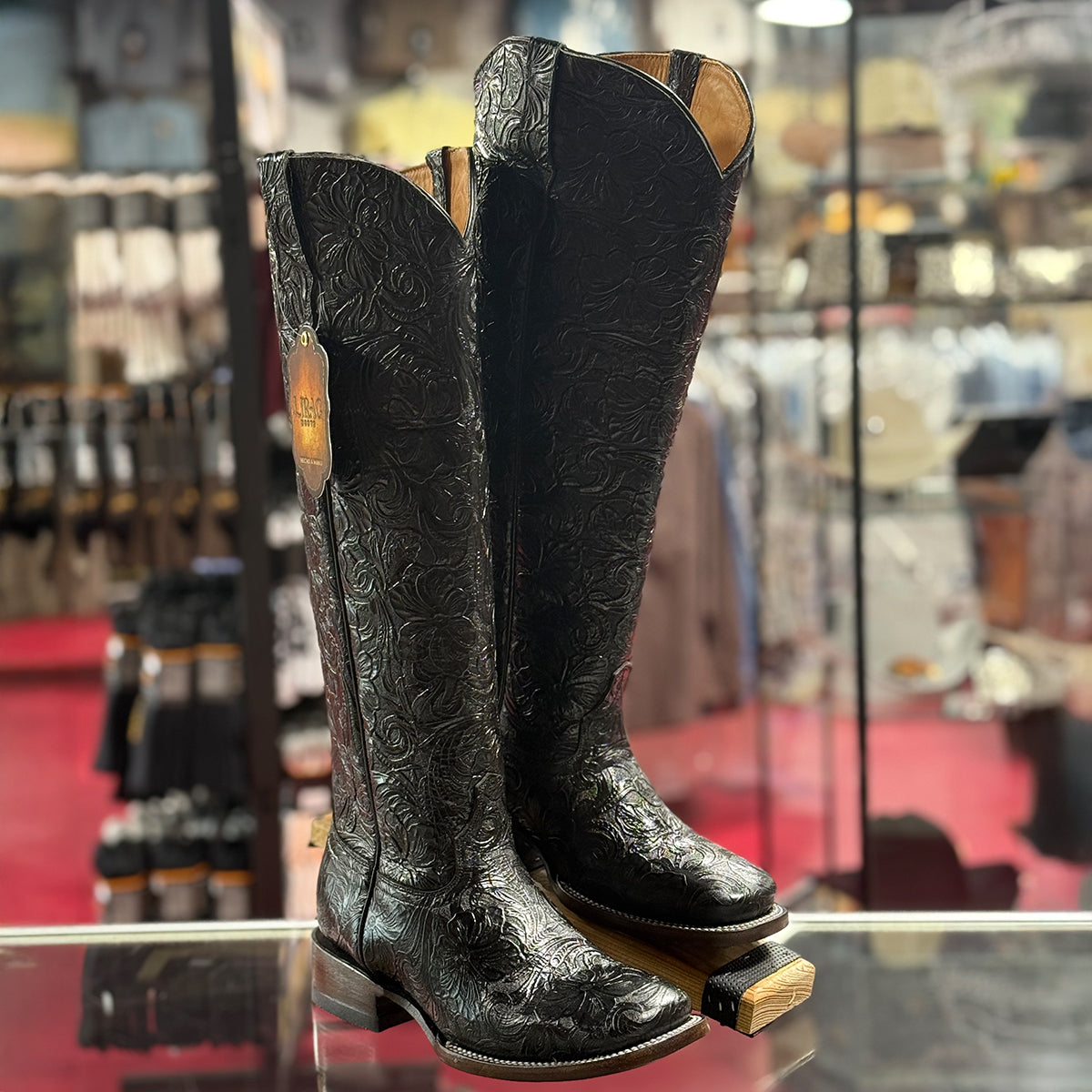 Black Tall Tooled Cowgirl Boots with Square Toe