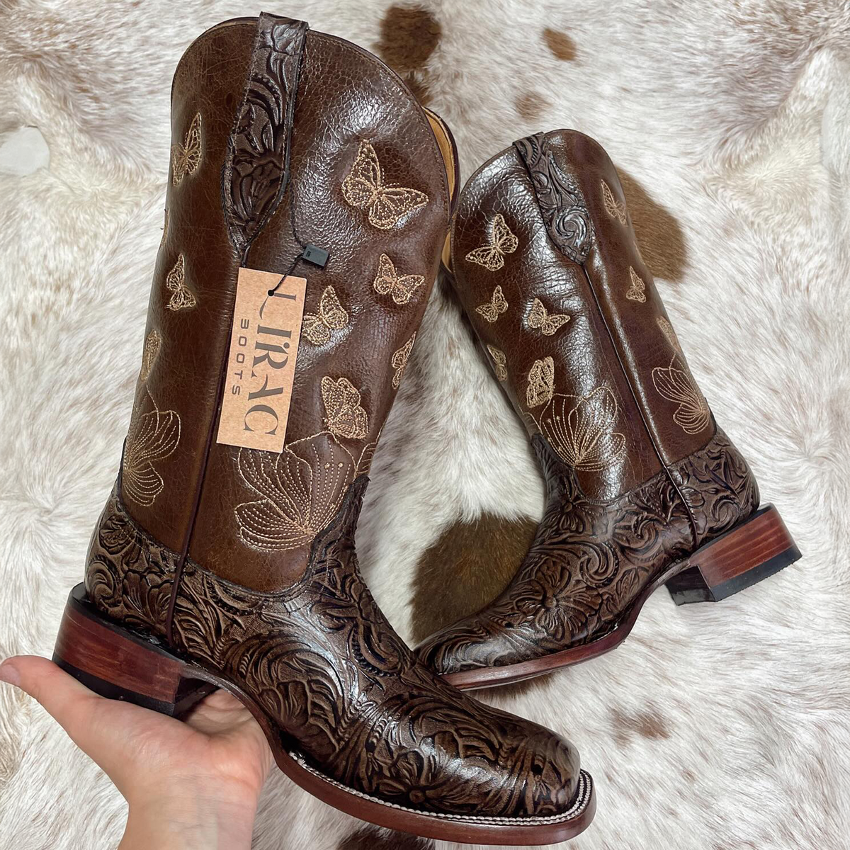 Chocolate Butterfly Tooled Square-Toe Cowgirl Boots