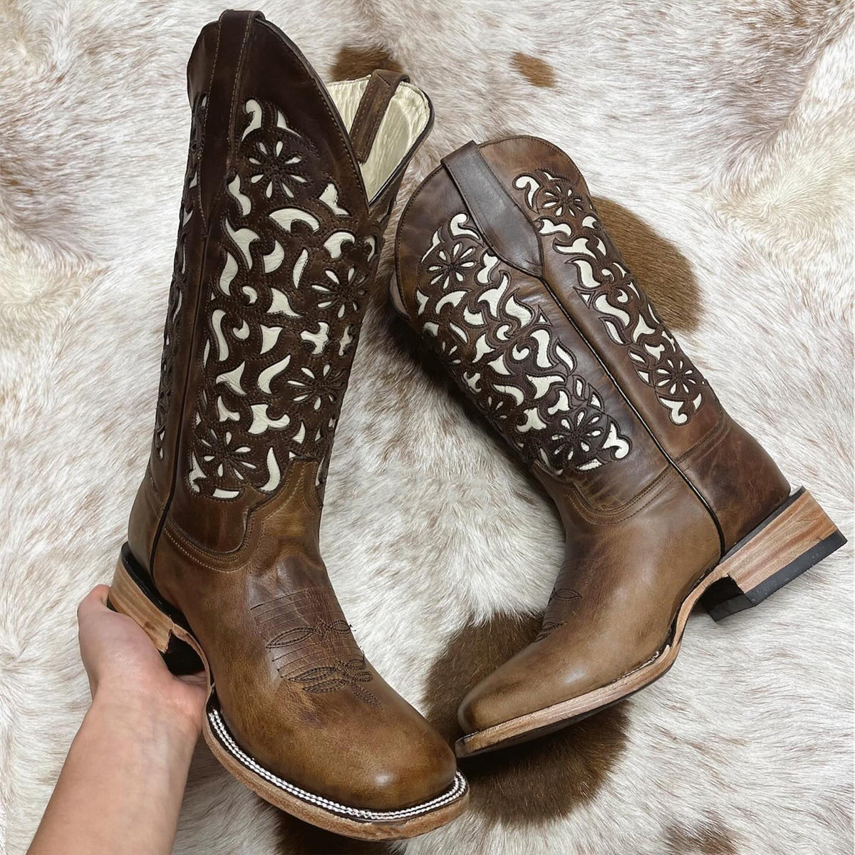 Coco Brown Laser-Patterned Cowgirl Boots with Square Toe