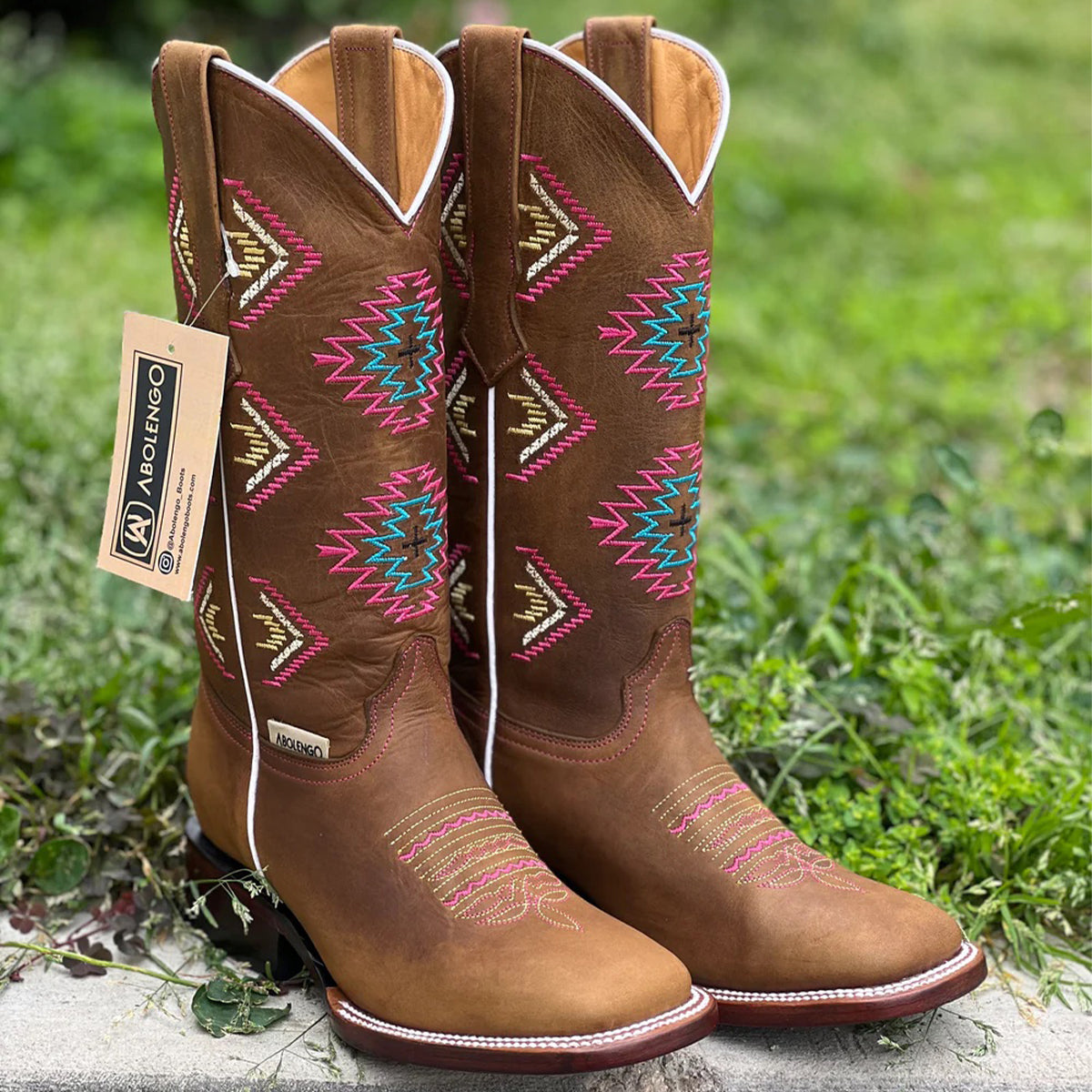 Brown Cowgirl Boots with Native-Inspired Design and Square Toe