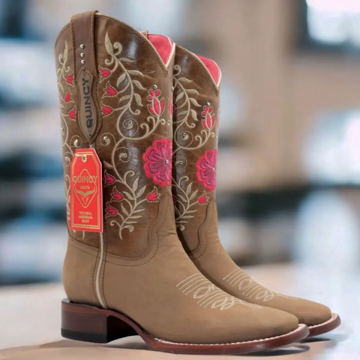 Tan Floral Square-Toe Cowgirl Boots