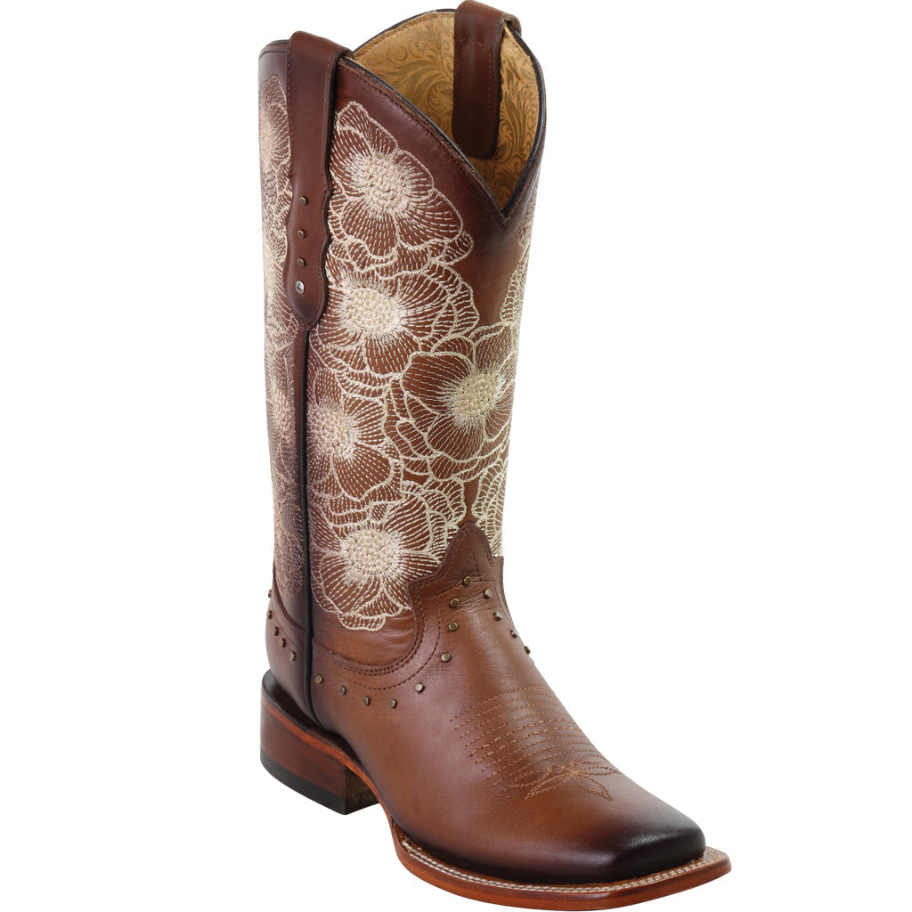 White Embroidered Floral Boots with Square Toe