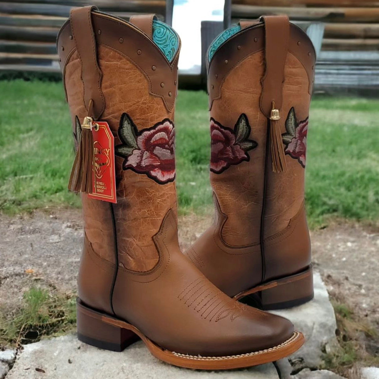 Honey Floral Embroidered Cowgirl Boots with Square Toe
