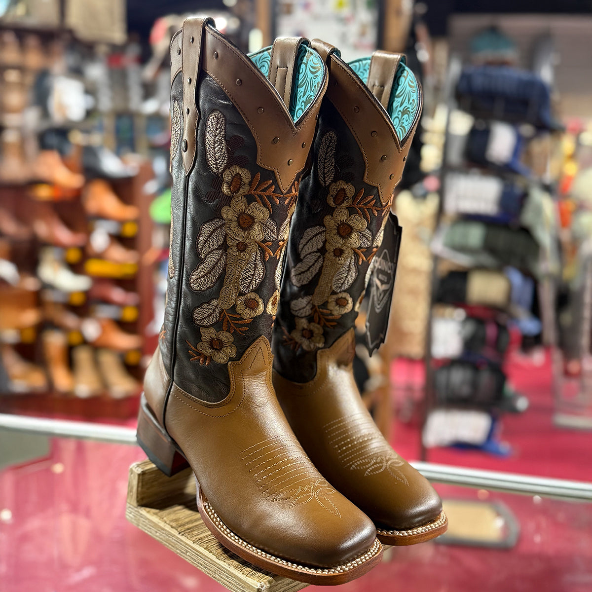 Quincy Brown Square-Toe Cowgirl Boots with Elegant Flower Embroidery