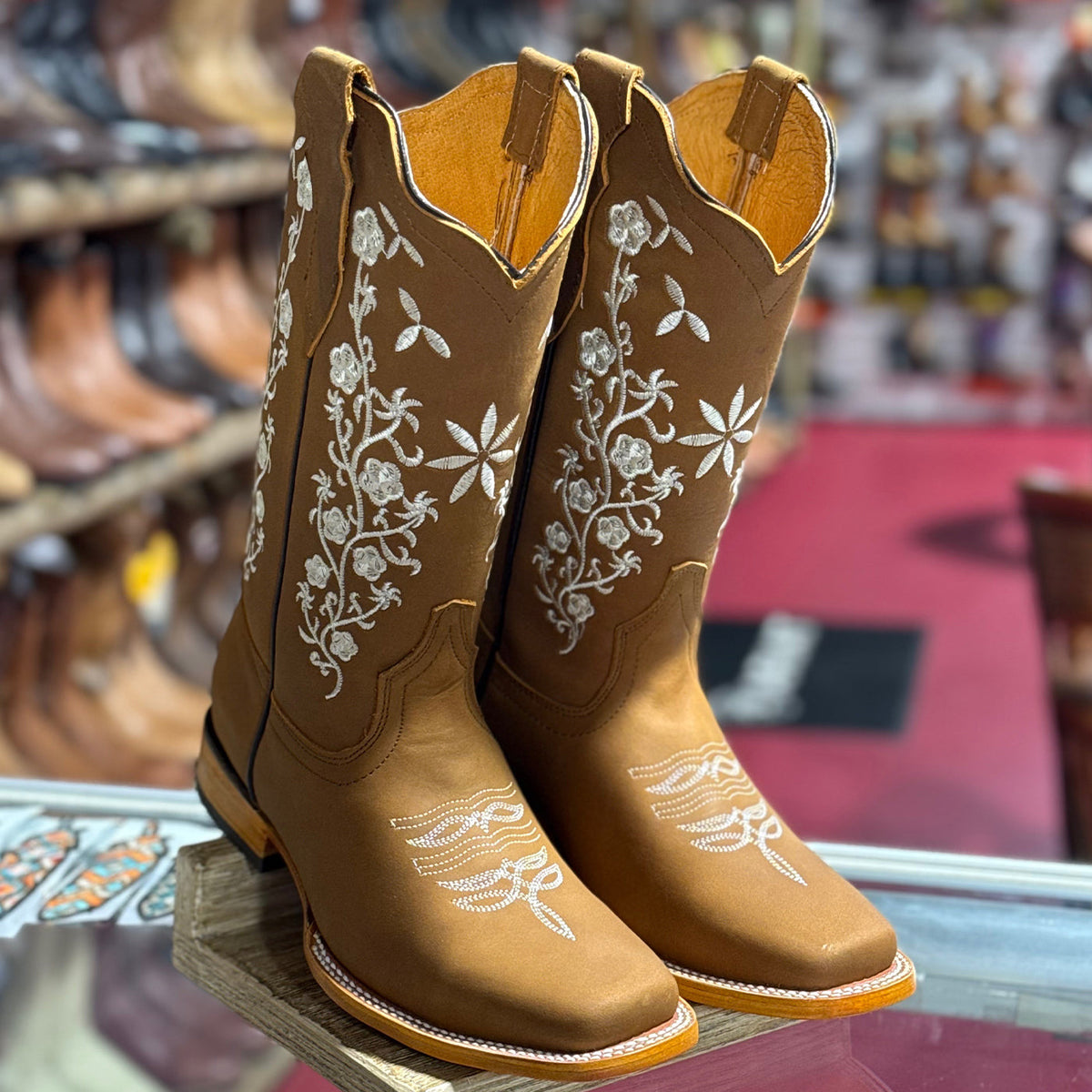 Tan Floral Square-Toe Cowgirl Boots
