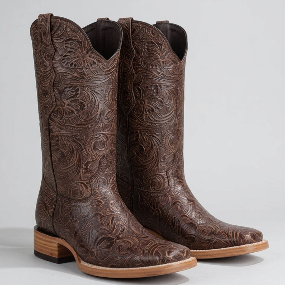 Women's Brown Floral Tooled Square-Toe Western Cowgirl Boots