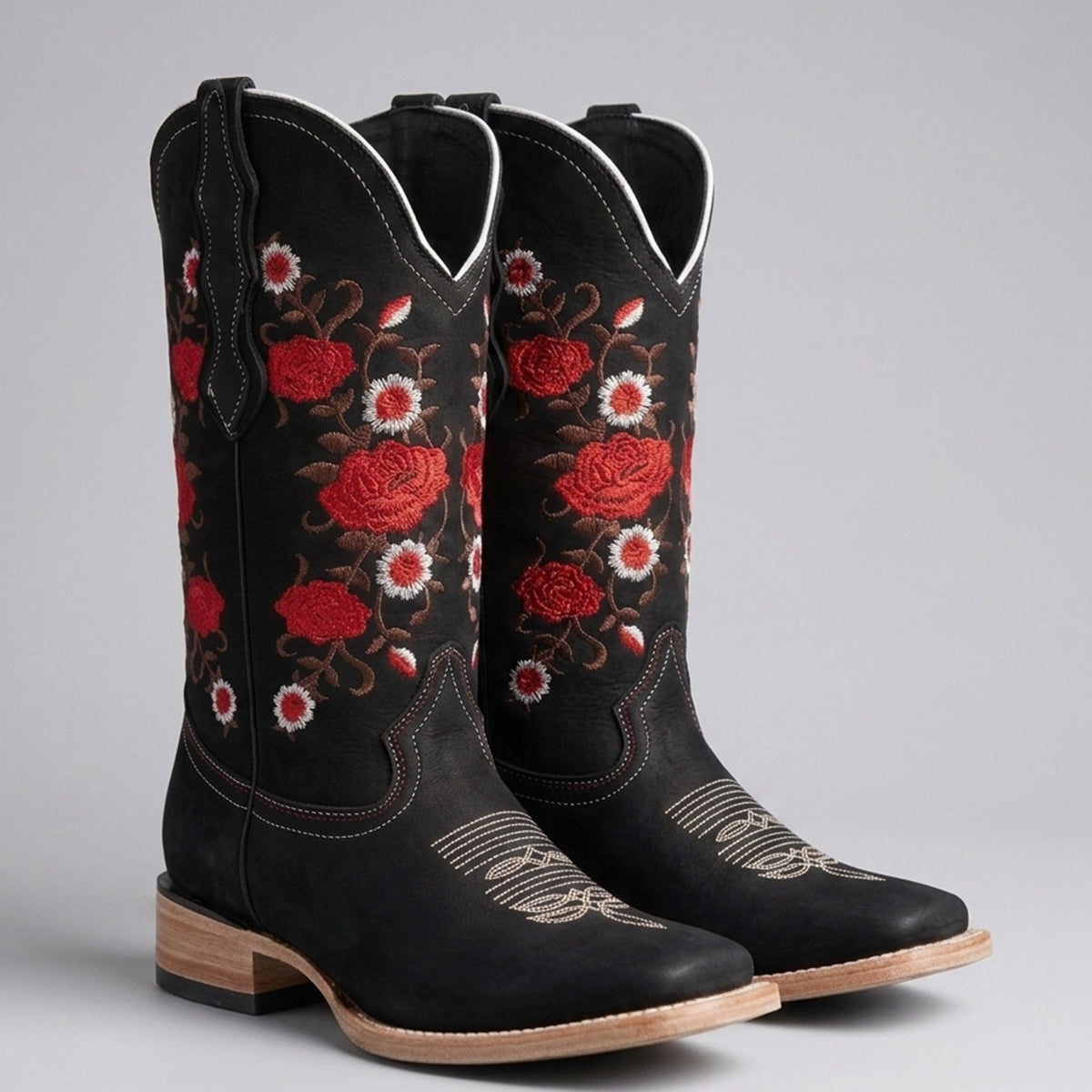Women's Black Square-Toe Cowgirl Boots with Red Rose Embroidery