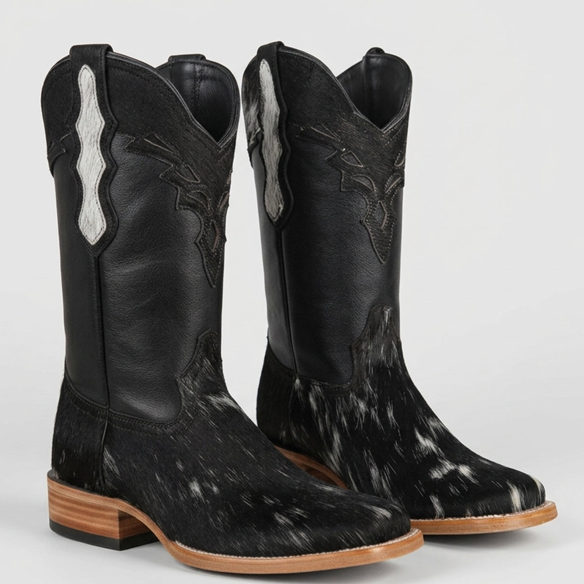 Black Cowhide Hair-On-Hide Square-Toe Western Cowgirl Boots