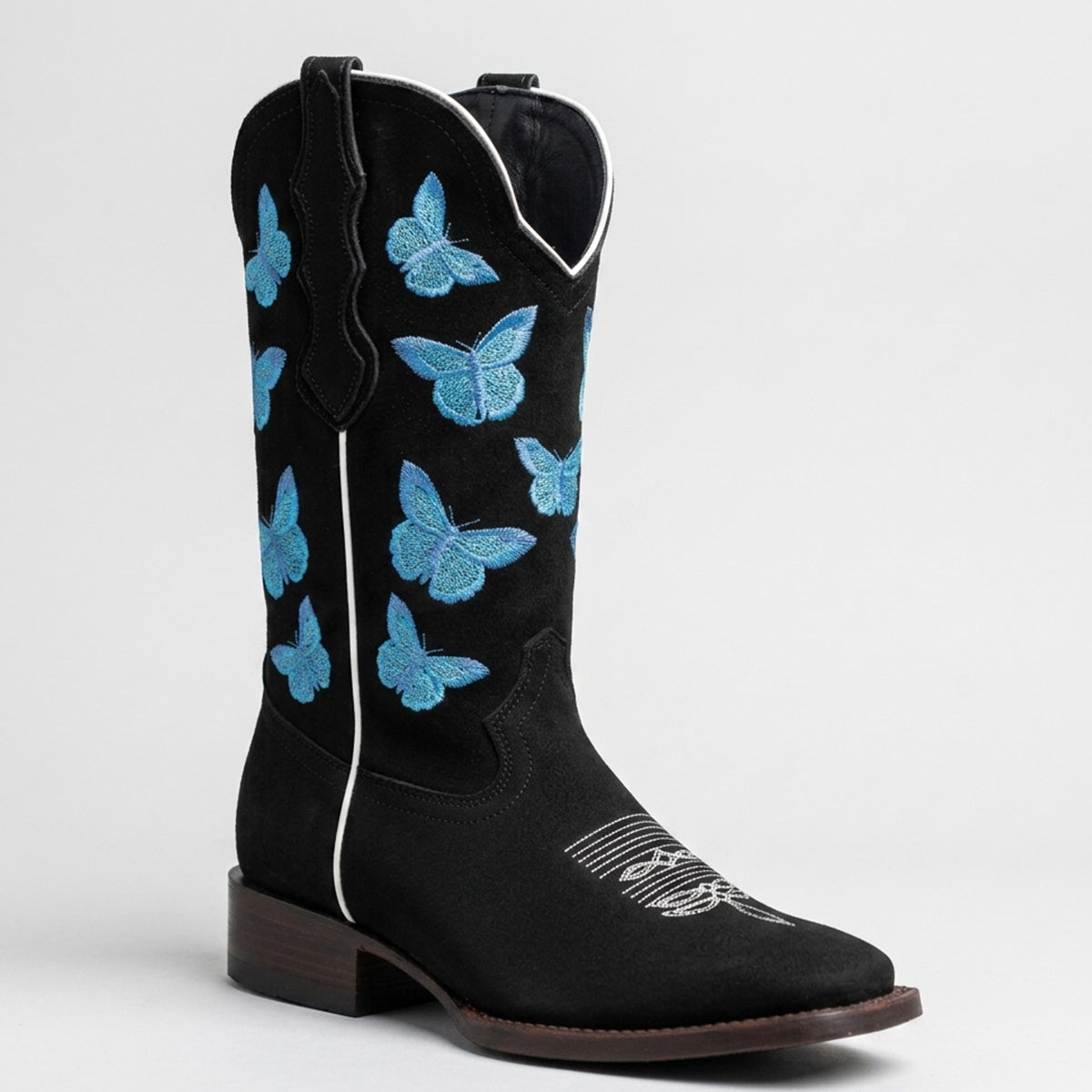 Black Square-Toe Cowgirl Boots with Blue Butterfly Accents