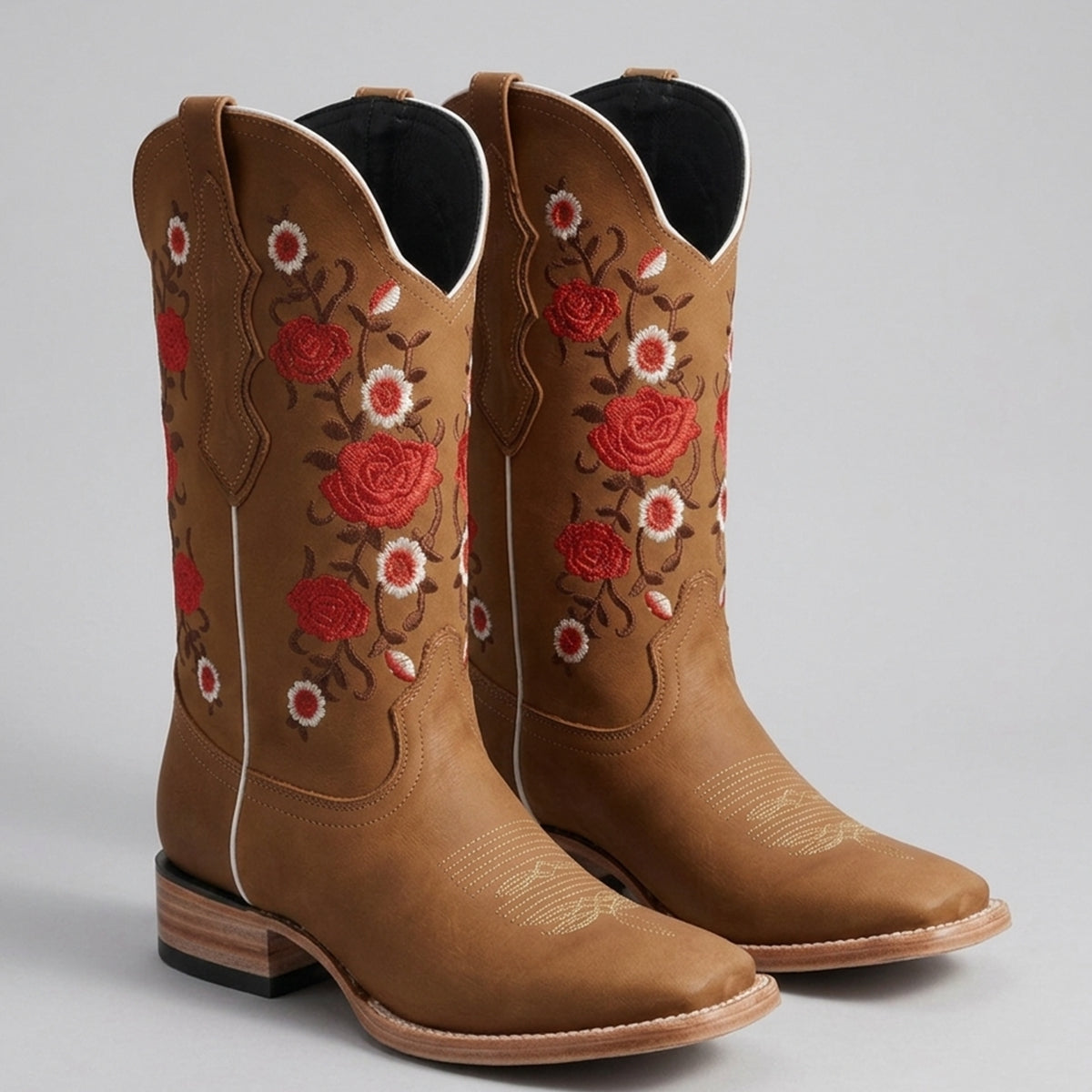 Women's Tan Square-Toe Cowgirl Boots with Red Rose Detail