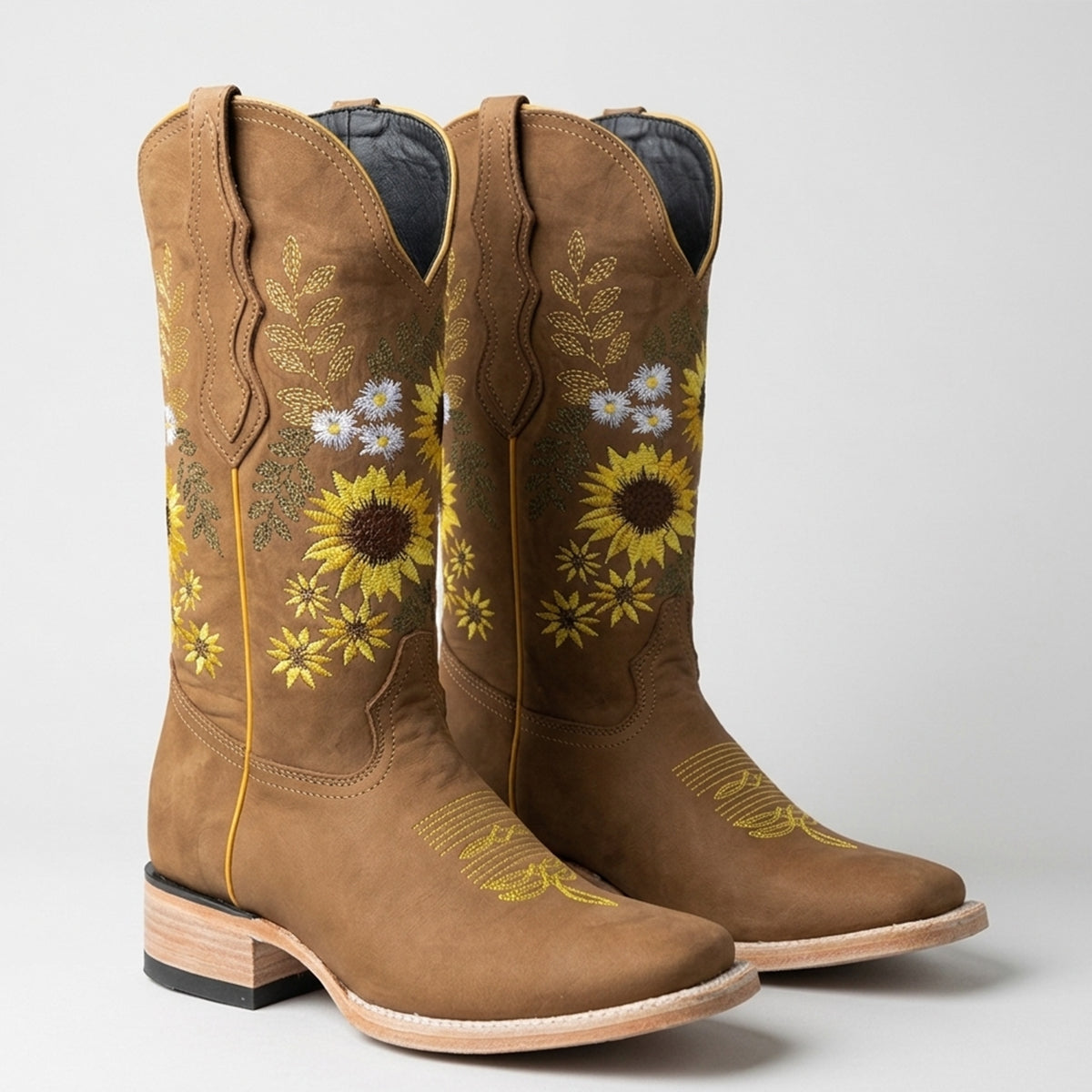 Women's Tan Square-Toe Sunflower Cowgirl Boots