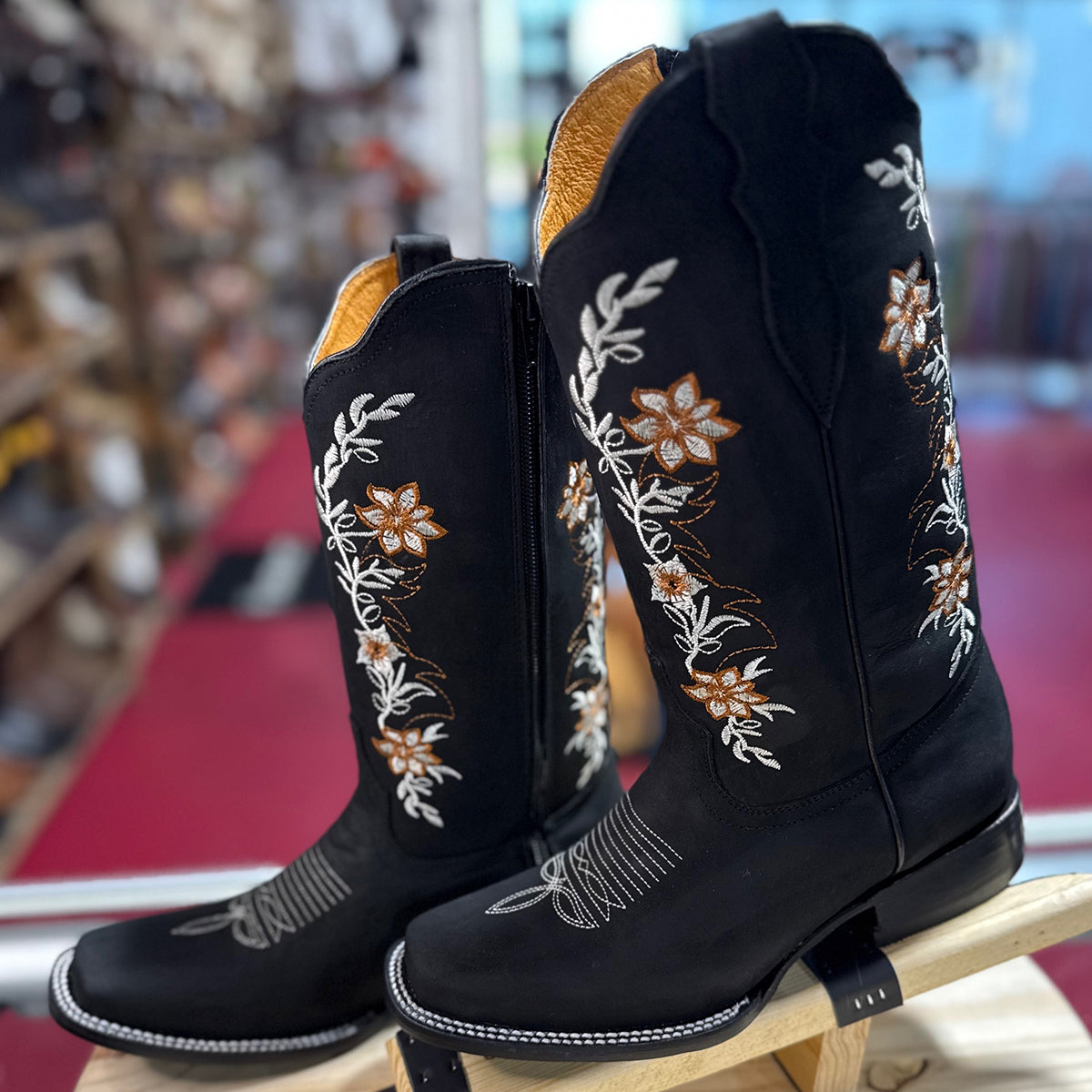 Black Square-Toe Cowgirl Boots with Elegant Floral Embroidery