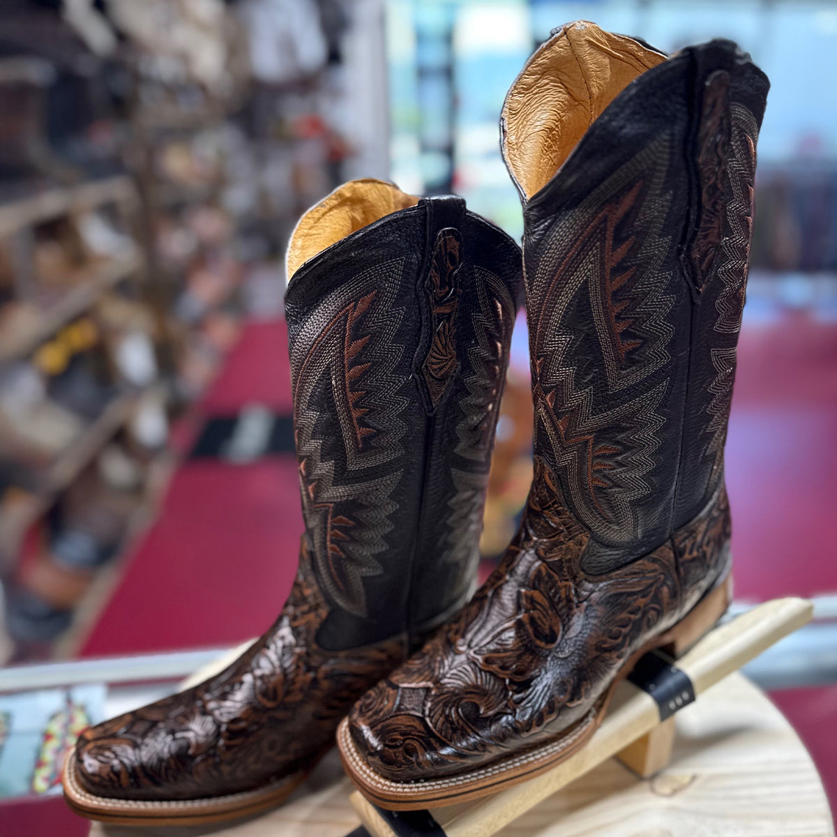 Brown Tooled Square-Toe Cowgirl Boots