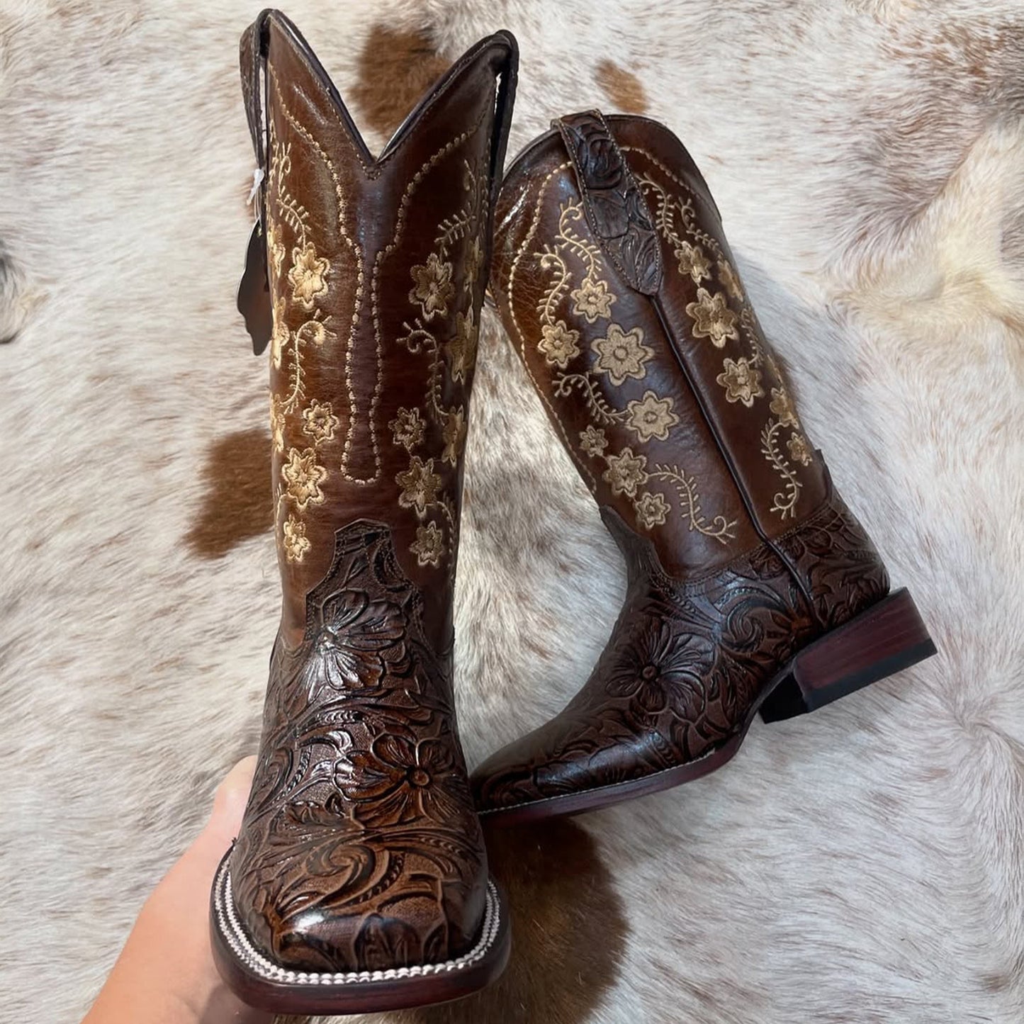 Rosario Brown Tooled Cowgirl Boots with Stylish Square Toe Design