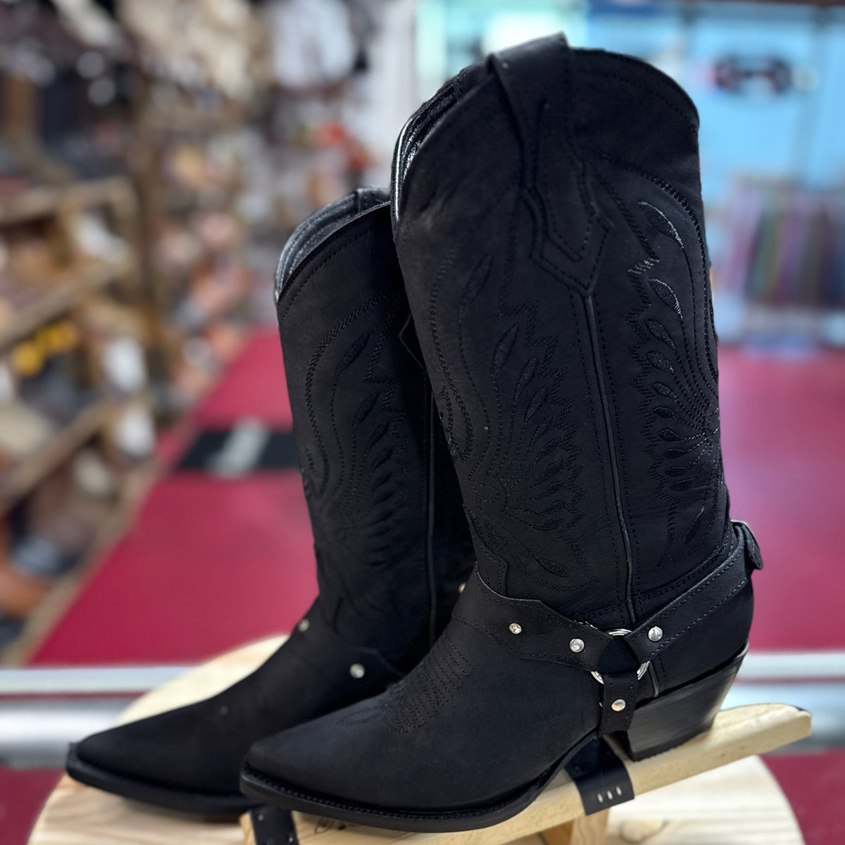 Women's Black Pointed-Toe Harness Western Boots
