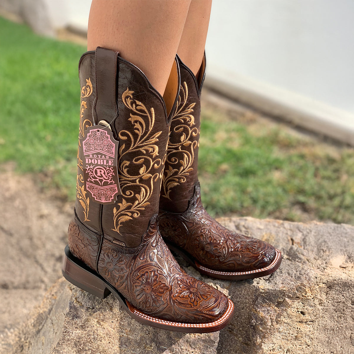 Doble R Floral Tooled Square-Toe Cowgirl Boots