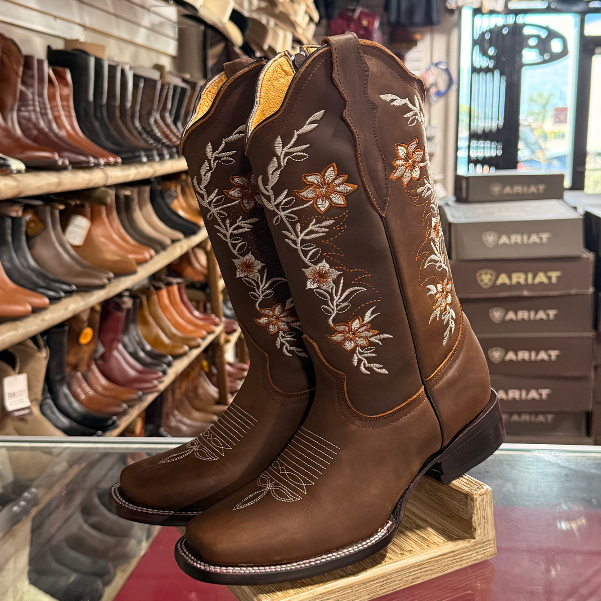 Crazy Brown Embroidered Square-Toe Cowgirl Boots
