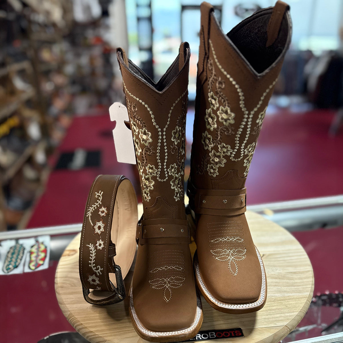 Women's Tan Brown Square-Toe Boots with Floral Embroidery