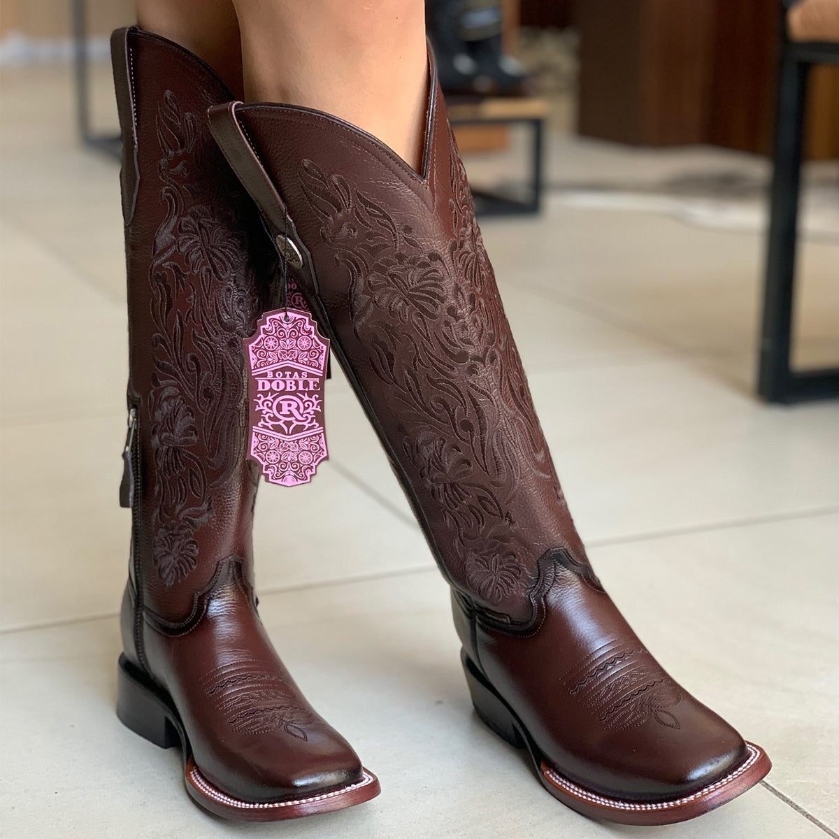 Doble R Valencia Flother Café 16-Inch Tall Square-Toe Cowgirl Boots