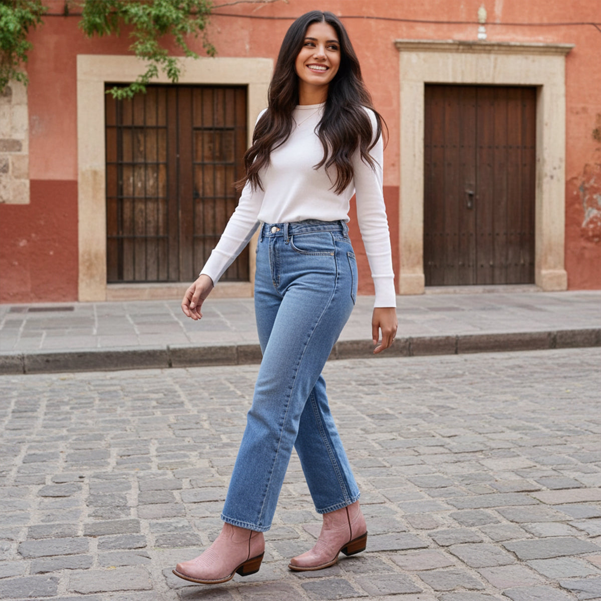 Women's Vintage Pink Cowboy Boots with Semi-Square Toe