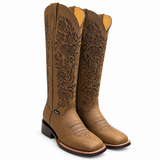Valencia brown floral boots, front three-quarter pair