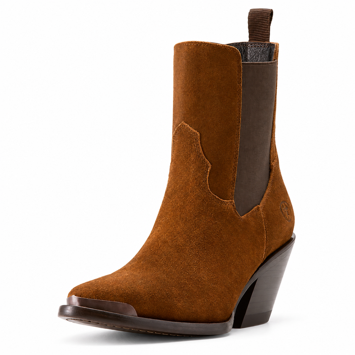 Women's Ariat Shiloh brown suede pointed-toe Chelsea booties, front angle view on white background