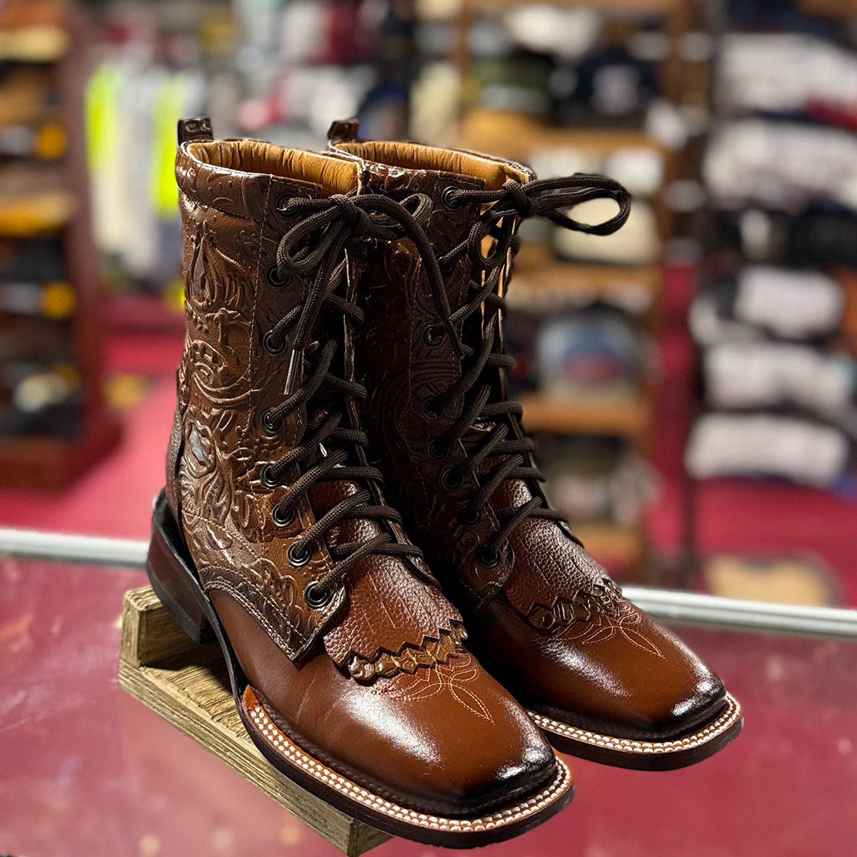 Lace-Up Cowgirl Boots with Tooled Print and Square Toe