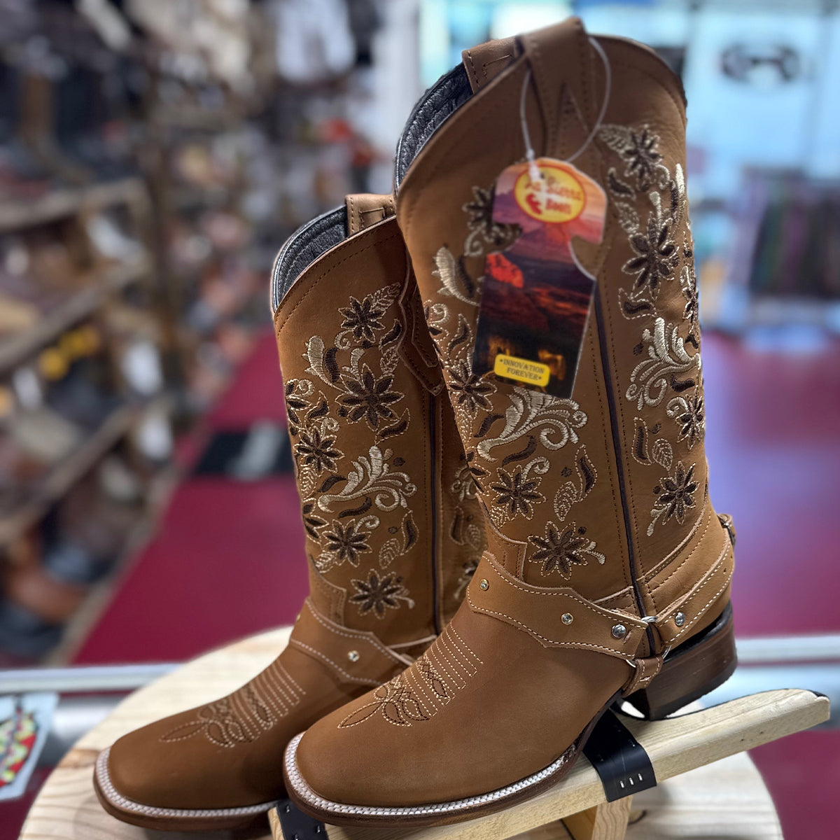 Women's Brown Square-Toe Boots with Floral Embroidery