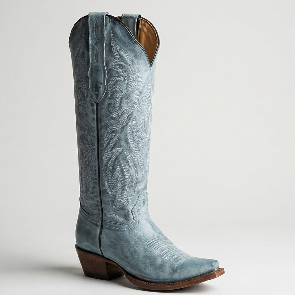 Women's Vintage Blue Denim Knee-High Boots with Snip Toe