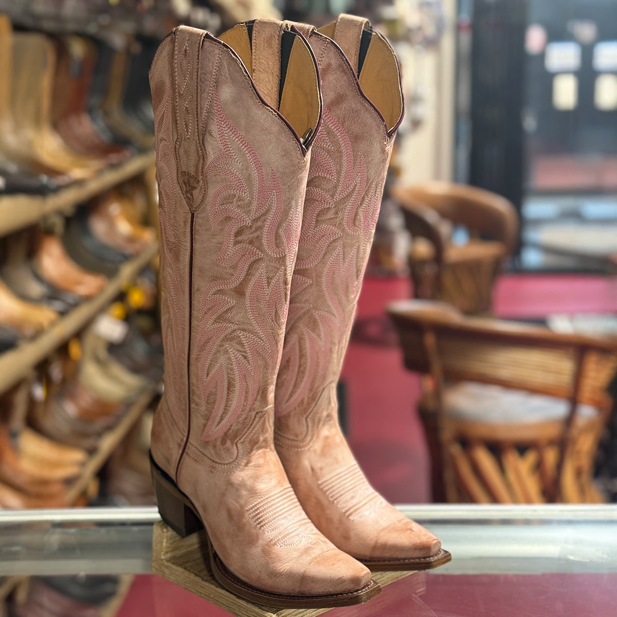 Vintage Pink Snip-Toe Knee-High Boots