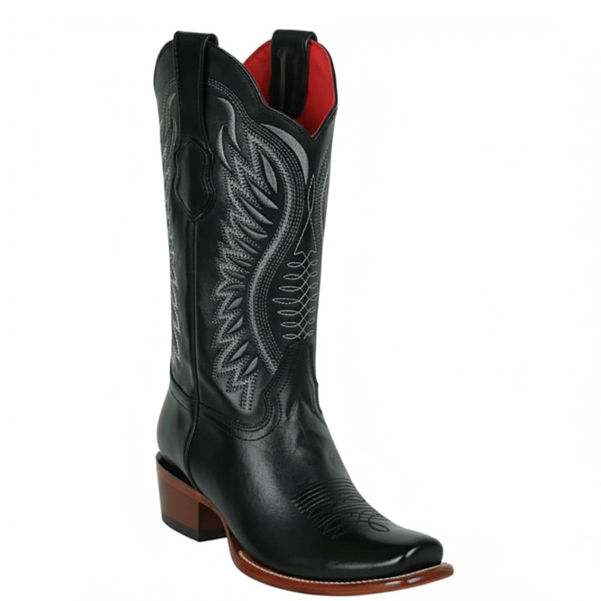 Los Altos Women’s Black Leather Cowboy Boots with Stylish Semi-Square Toe