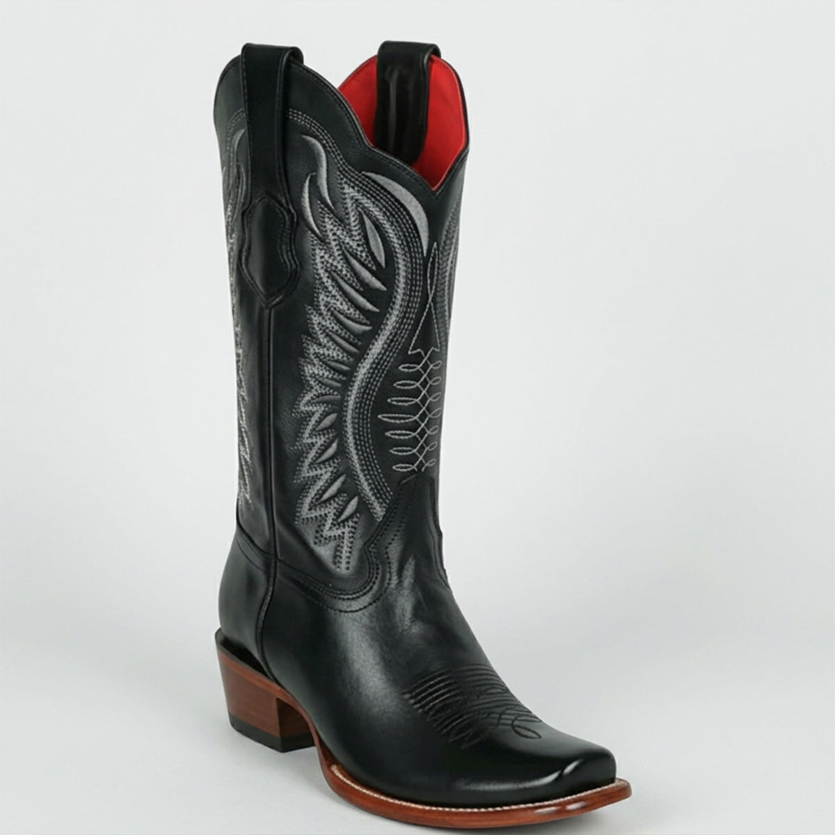Los Altos Women’s Black Leather Cowboy Boots with Stylish Semi-Square Toe