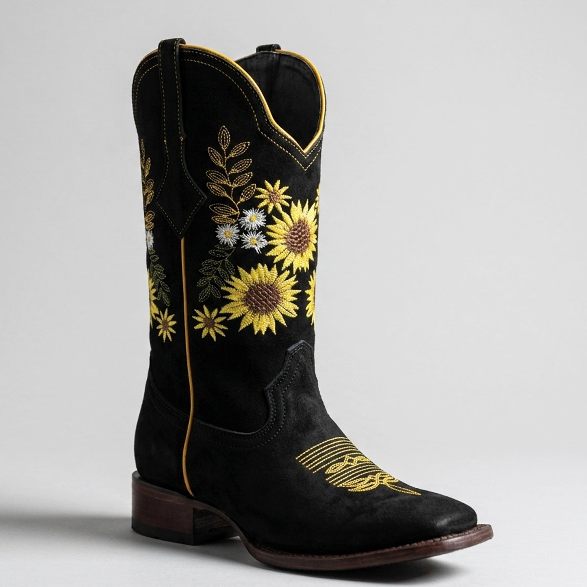 Women's Black Square-Toe Cowboy Boots with Sunflower Detail