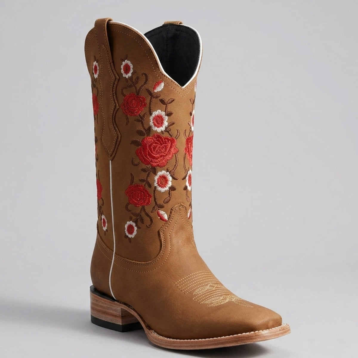 Women's Tan Square-Toe Cowgirl Boots with Red Rose Detail
