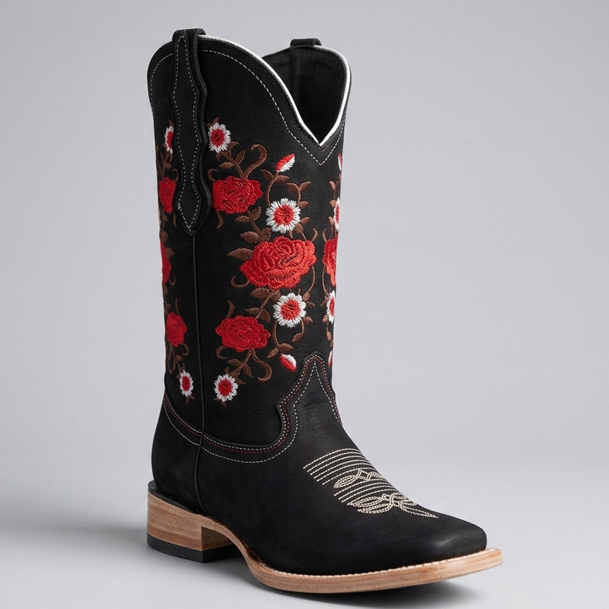 Women's Black Square-Toe Cowgirl Boots with Red Rose Embroidery