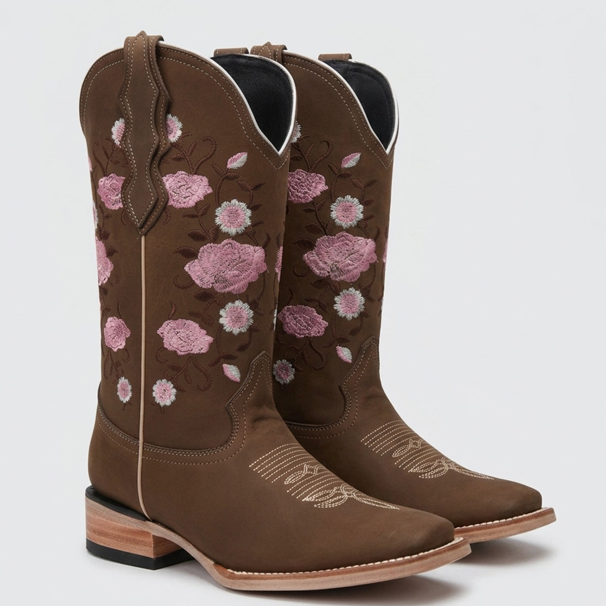 Women's Brown Square-Toe Cowgirl Boots with Pink Floral Accents