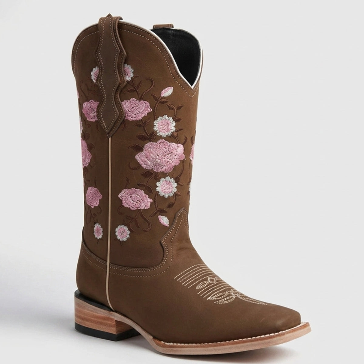 Women's Brown Square-Toe Cowgirl Boots with Pink Floral Accents