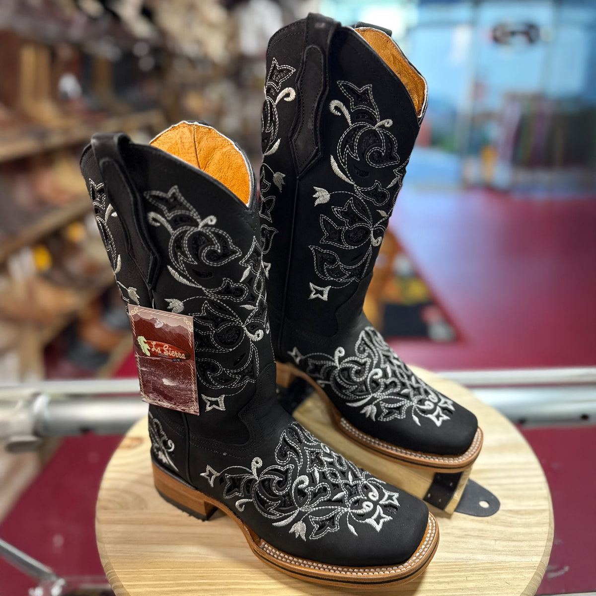 Laser-Cut Black Cowgirl Boots with Stylish Square Toe