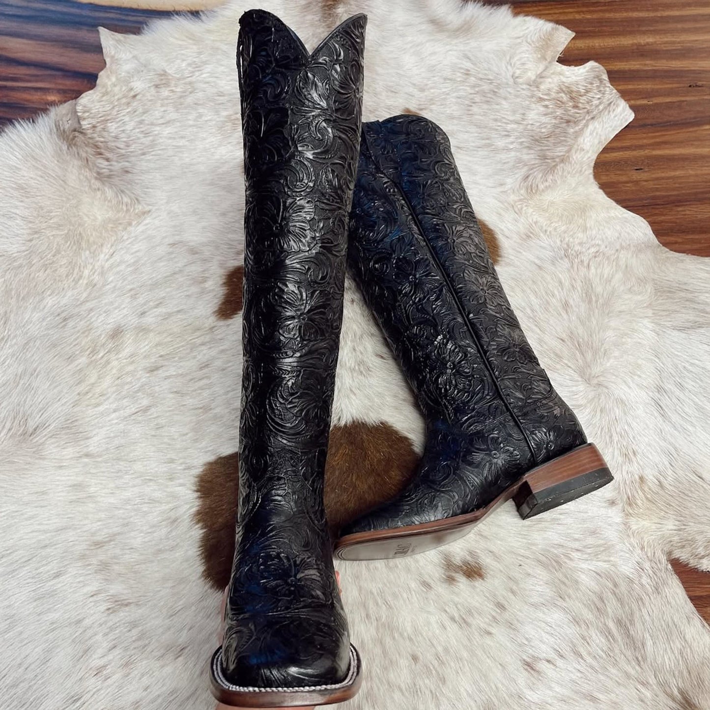 Black Tall Tooled Cowgirl Boots with Square Toe