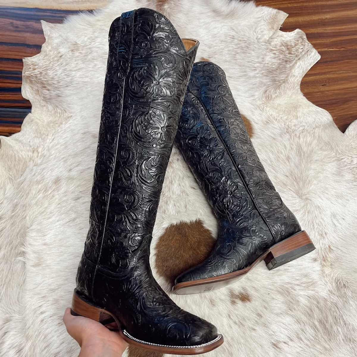 Black Tall Tooled Cowgirl Boots with Square Toe