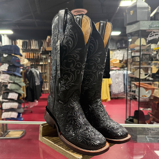 Black Tooled Leather Cowgirl Boots with Square Toe