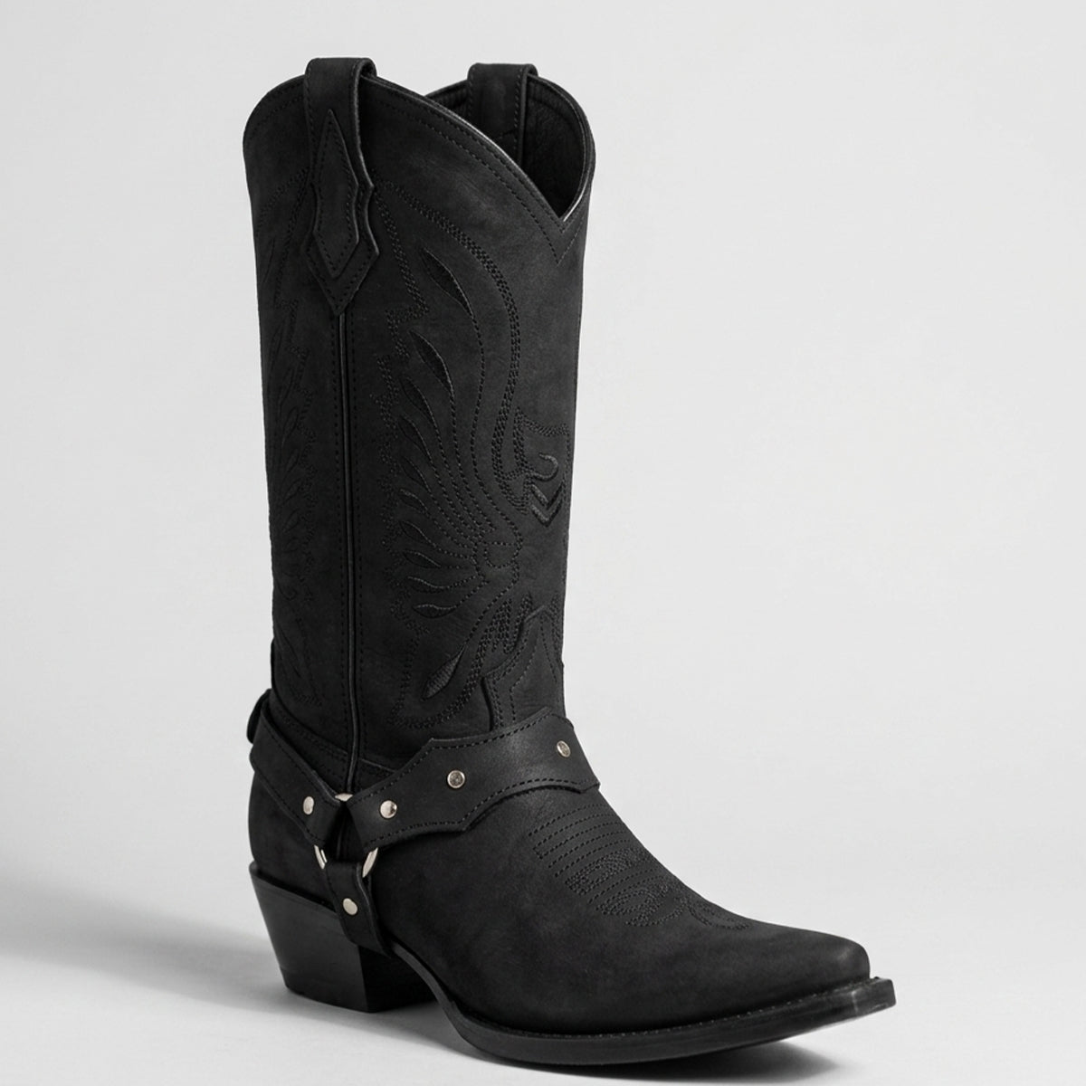 Women's Black Pointed-Toe Harness Western Boots
