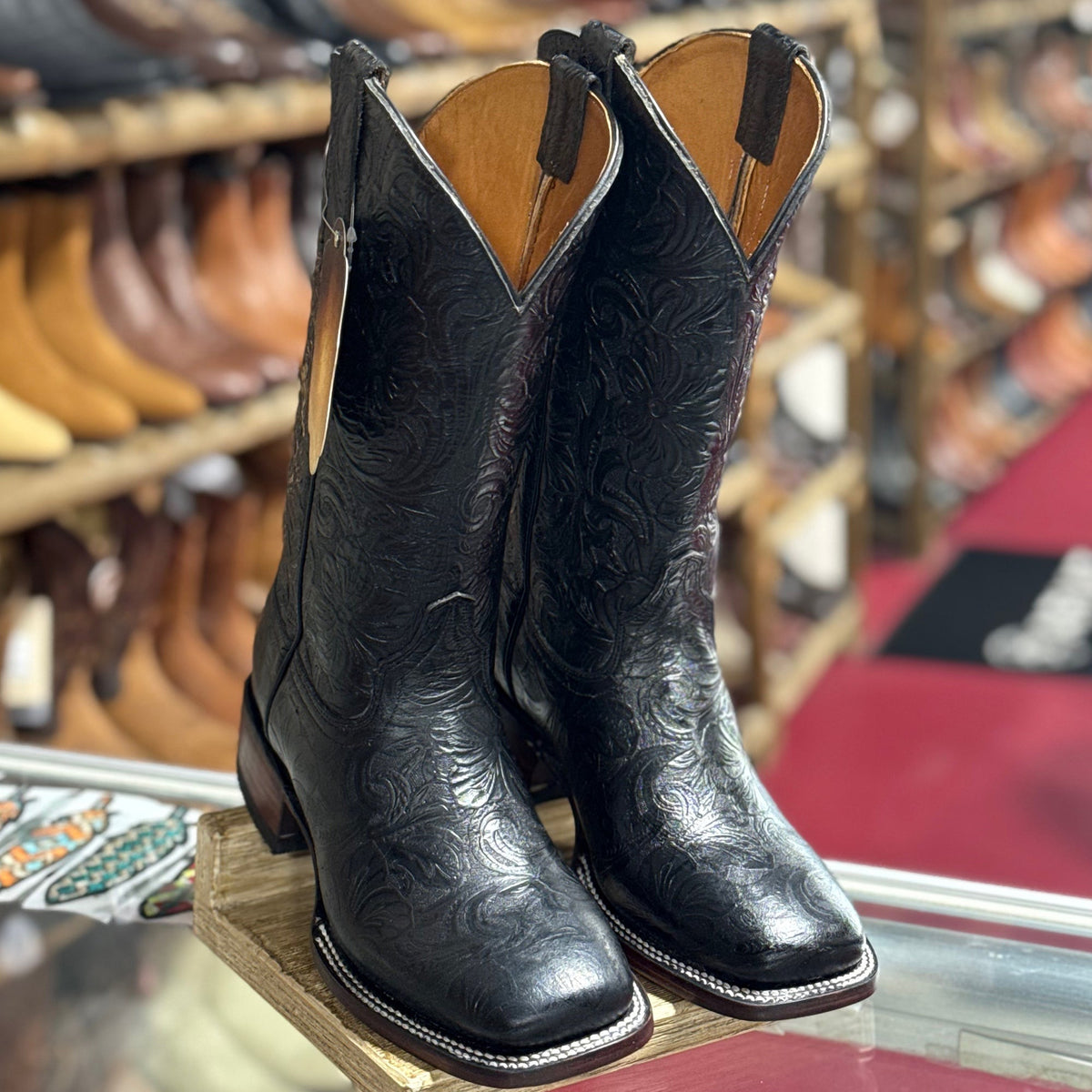 Lirac Black Hand-Tooled Print Square-Toe Cowgirl Boots