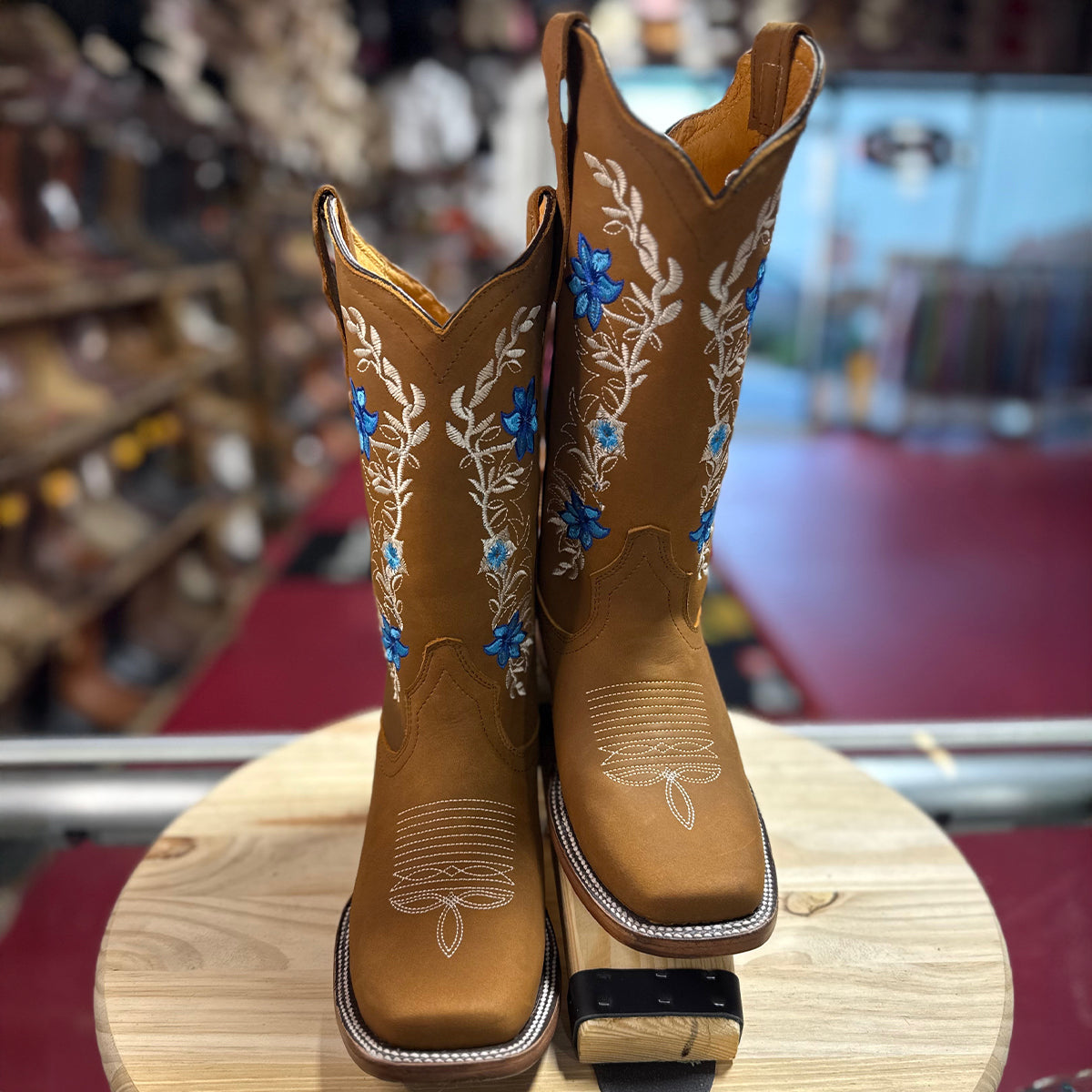 Light Brown Cowgirl Boots with Blue Floral Details and Square Toe