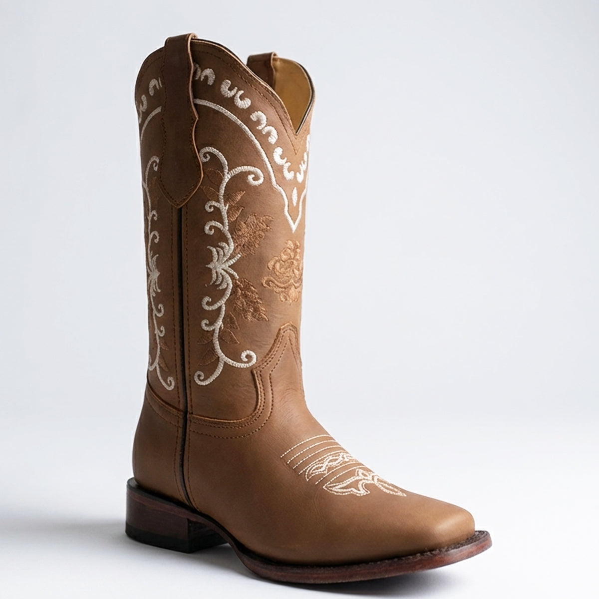 Women's Tan Western Cowboy Boots with Wide Square Toe