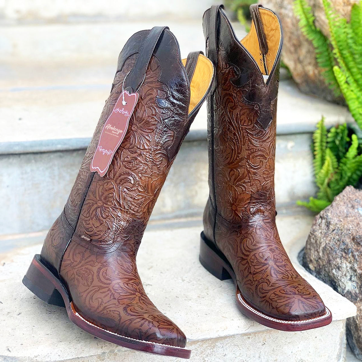 Botas Doble R Square-Toe Cowgirl Boots with Hand-Tooled Print